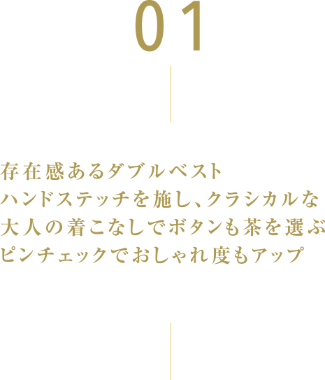 01 存在感のあるダブルベスト　ハンドステッチを施し、クラシカルな大人の着こなしでボタンも茶を選ぶ ピンチヒックでおしゃれ度もアップ ウール70% ポリエステル30% ネイビーピンチチェックベスト